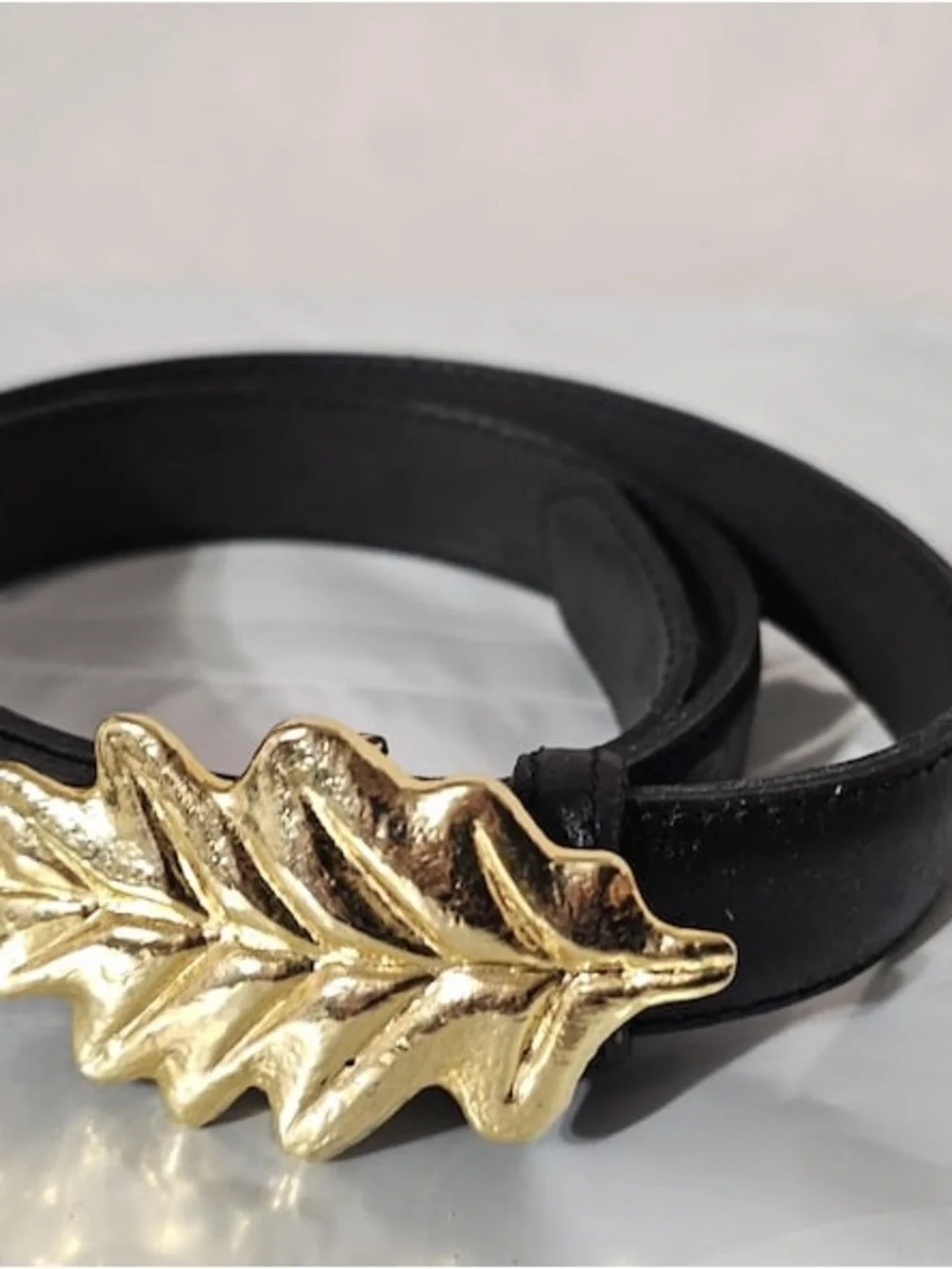 Vintage Ines de la Fressange ~Black Leather Belt with Golden Oak Leaf Buckle